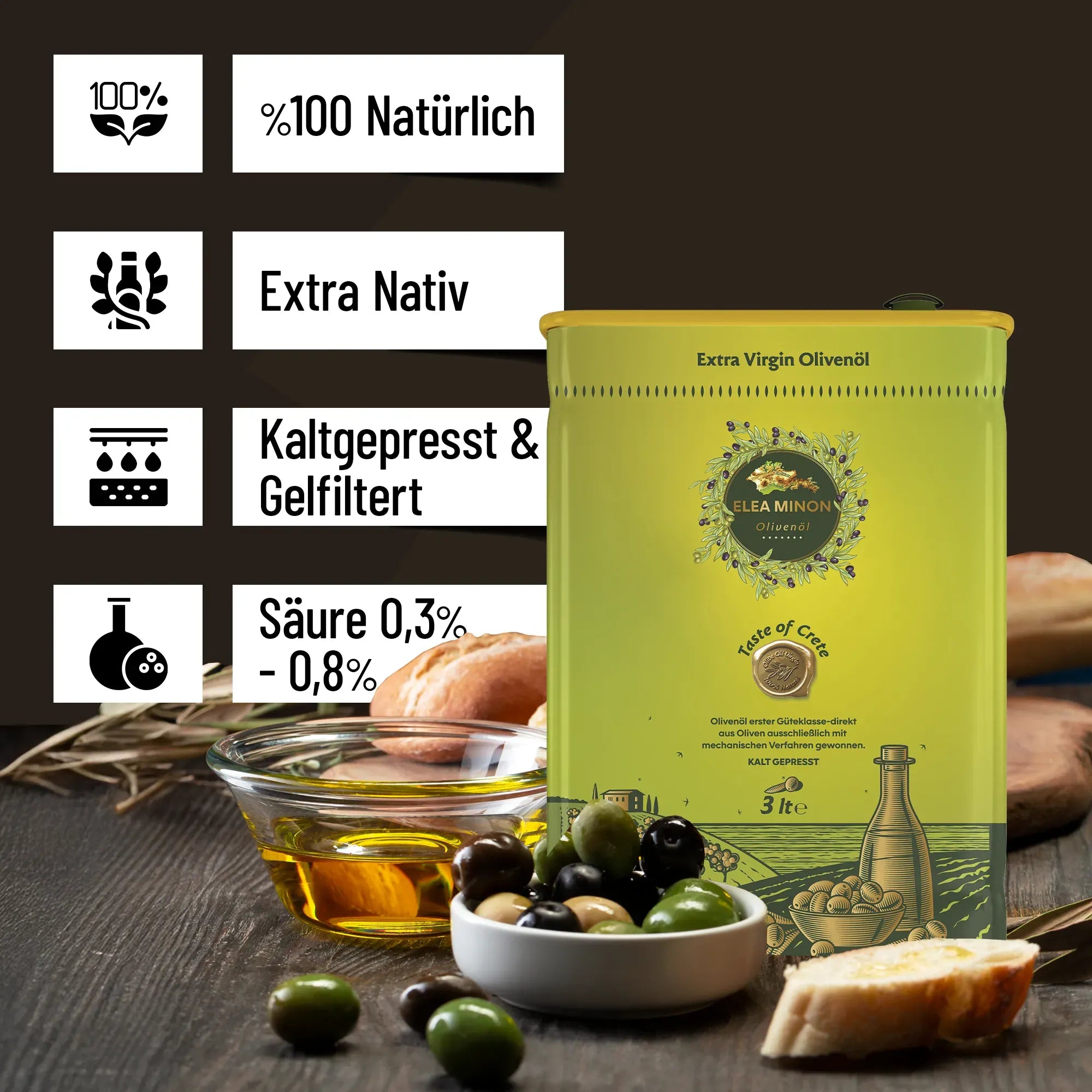Elea Minon Olivenöl aus Kreta – Kanister 3 Liter | Kaltgepresst & Naturbelassen