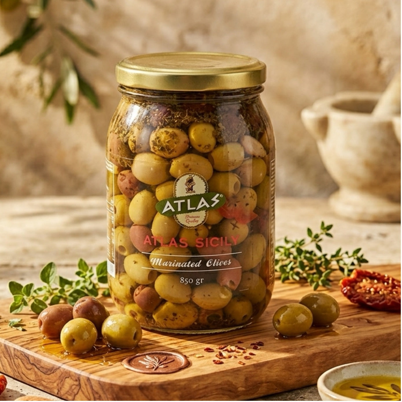 Atlas Sicily – Marinierte Gemischte Oliven in Kräutern 850 g