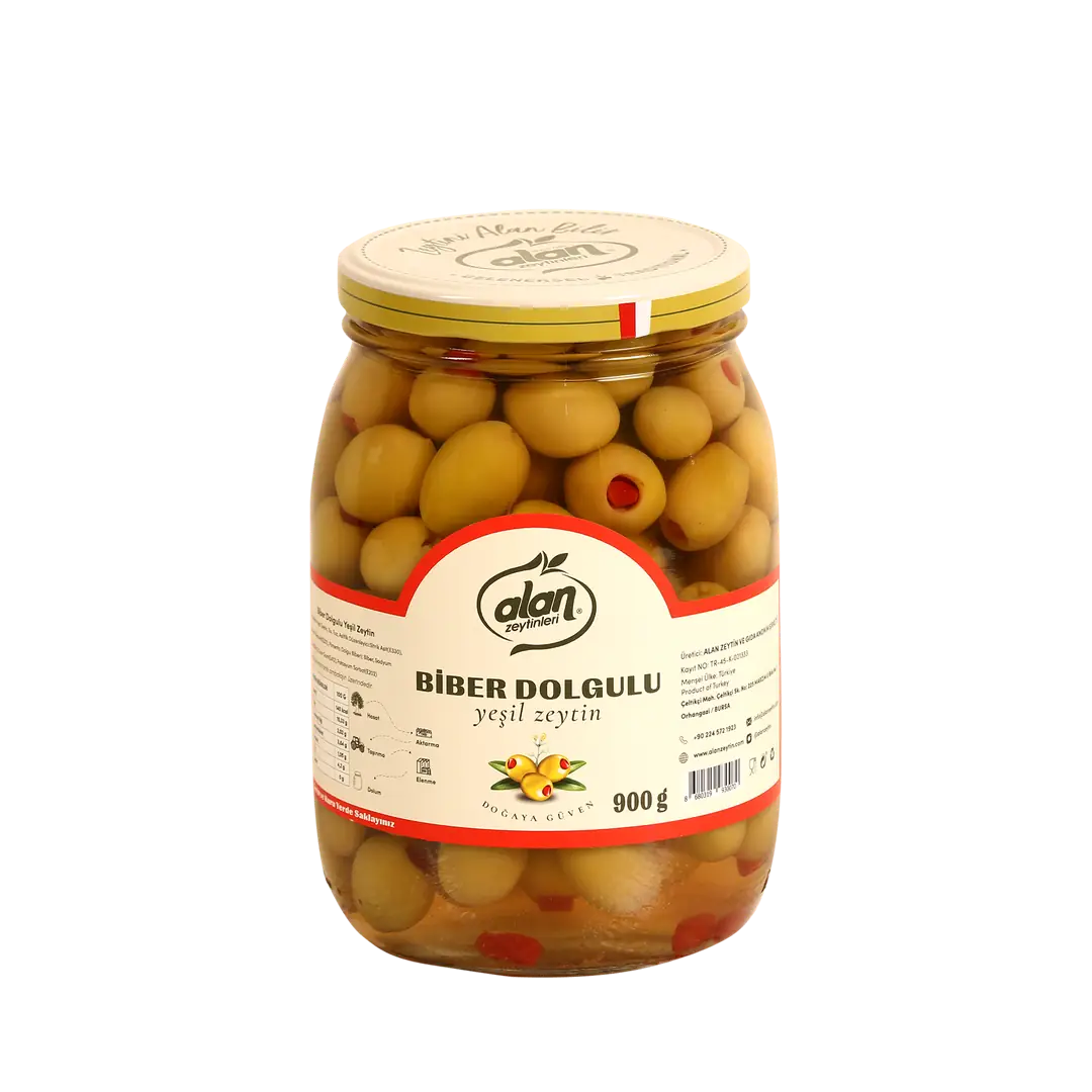Grüne Oliven mit Paprikafüllung XL 900 g – Fleischig, Würzig & Naturbelassen | Glasgefäß