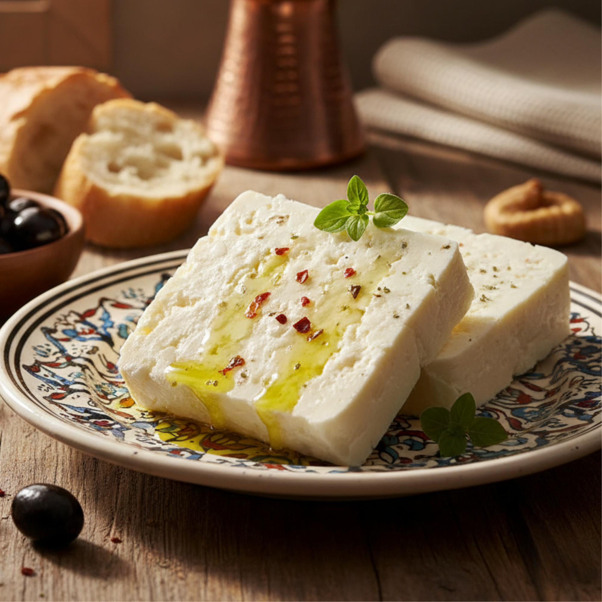 Premium Ezine Peyniri 600g serviert auf traditionellem türkischem Teller mit Olivenöl und Oliven