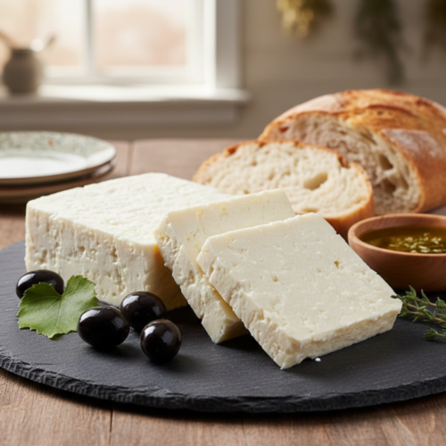 Premium Ezine Peyniri 350g serviert auf traditionellem türkischem Teller mit Olivenöl und Oliven